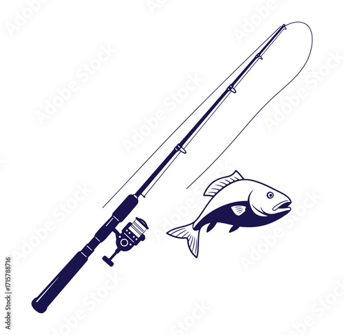 Angling illustration depicting fishing rod reel and fish on a white background