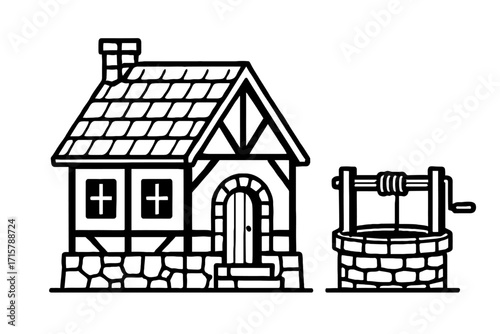 Medieval House and Well Icon - Village Life Symbol