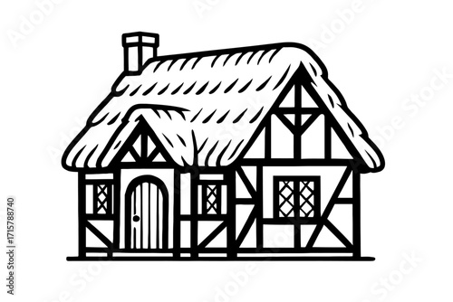 Thatched Roof Cottage Icon Vector - Half-Timbered House Symbol