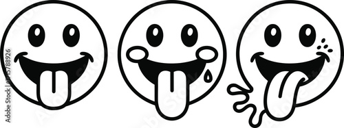 Black and White Savoring Emoji Icons with Drool and Open Mouth