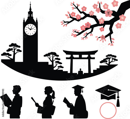 Clock Tower, Torii Gate, Cherry Blossoms, and Graduates Silhouette Vector Illustration Set