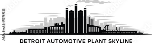 Detroit Automotive Plant Skyline Silhouette with Smoke and Industrial Buildings on Transparent