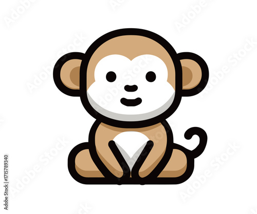 A cheerful cartoon monkey is sitting down with a playful expression. Its tan body and white face are designed to evoke joy and friendliness, showcasing a charming appearance.