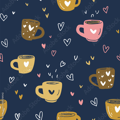 Various cheerful mugs with hearts are scattered across a dark background. This playful design evokes warmth and comfort suitable for home decor or cozy gatherings.