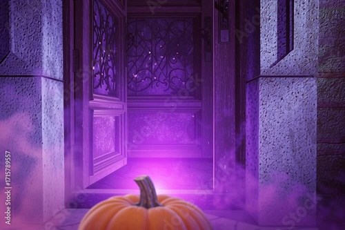 Jack o'lantern with purple smoke on the background of opening doors