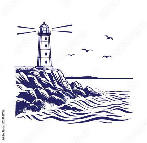 Coastal lighthouse on a rocky cliff with sea waves and flying seagulls illustration