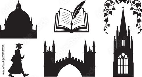 Higher Education Icons Set Silhouette Vector Illustration Academic Buildings and Graduation