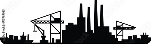 Industrial Port Silhouette Illustration Featuring Cranes, Ships, and Factory Infrastructure