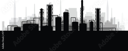 Industrial Plant Silhouette with Tanks, Towers, and Chimneys Against Transparent Background