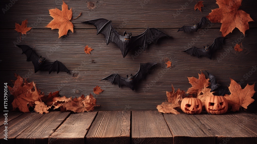 Obraz premium Halloween themed scene with carved pumpkins, bats, and autumn leaves arranged on wooden surface for festive decoration