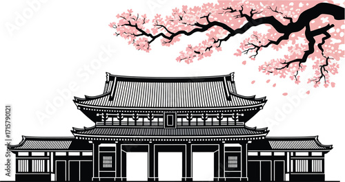 Japanese Temple Gate and Cherry Blossom Branch Silhouette Vector Illustration on Transparent