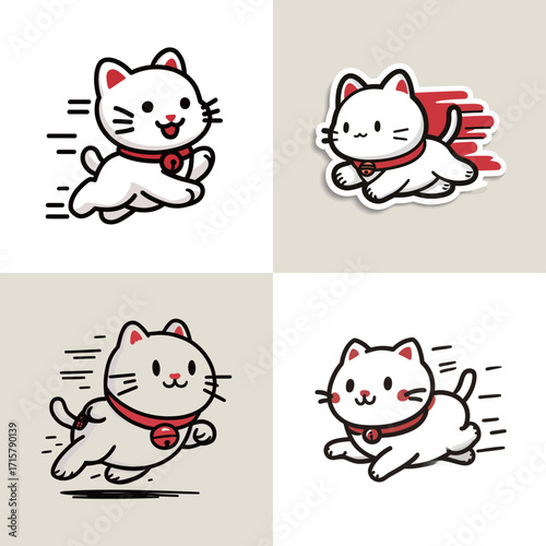 Four illustrated cats are seen running swiftly with bells on their collars.