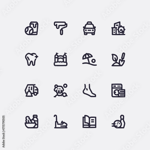 Diverse icons represent hobbies, services, health, and leisure activities for modern design