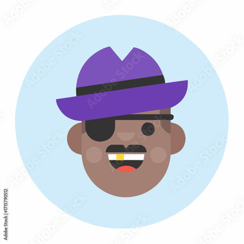 Cool cartoon pirate with eye patch and purple hat grinning widely with gold tooth