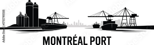 Montreal Port Silhouette Illustration Showcasing Maritime Trade and Urban Skyline