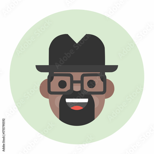 Flat vector icon of a smiling man with a beard, glasses, and a fedora hat. A circular avatar representing a mysterious or powerful character