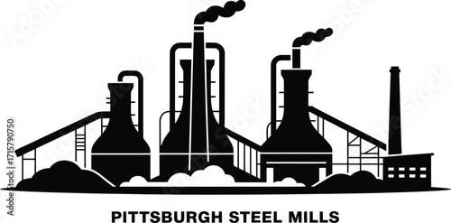 Pittsburgh Steel Mills Silhouette with Industrial Structures and Smoke on Transparent Background