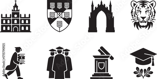 Prestigious University Icons Set Silhouette Vector Illustration Academic Excellence and Scholarly Pursuit