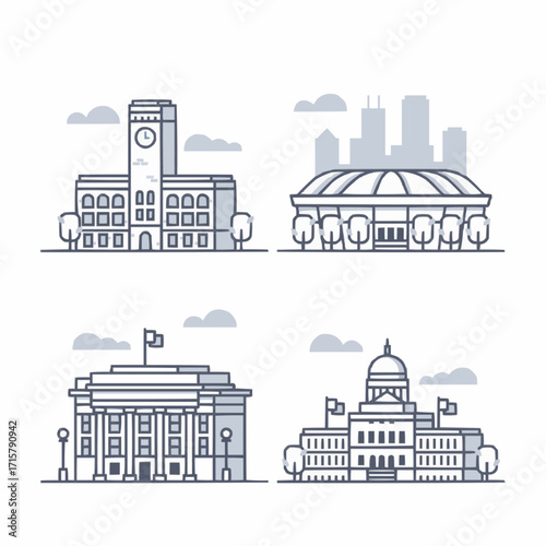 Modern civic buildings collection featuring university, stadium, courthouse, and capitol architecture styles