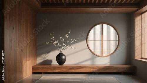 Minimalist Japanese interior with wooden bench, round window, and vase of blossoms