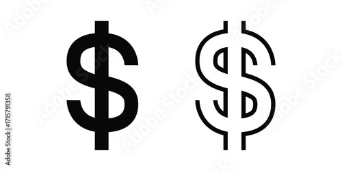 Dollar Symbol Vector. Bold and Outline Design, Money Icon. Dollar Sign in Two Styles