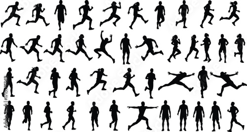 Running and athletic silhouettes in dynamic poses, black vector figures in motion, human movement reference for sports, animation, biomechanics