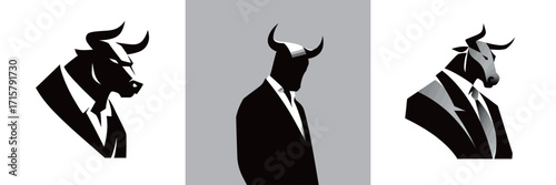 Three striking designs feature bull figures dressed in suits. Each design emphasizes different poses and styles, combining strength and elegance in a creative concept.