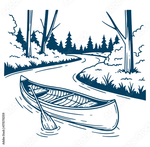 Hand drawn illustration of a canoe paddling on a river through a forested landscape