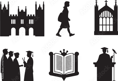 University Campus Life Icons Black Silhouette on Transparent Background Higher Education Symbols Set
