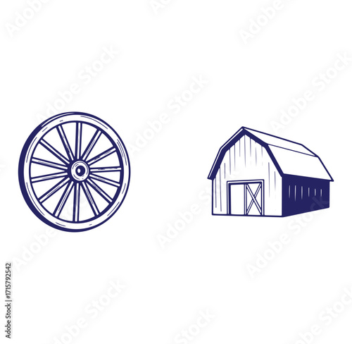 Hand drawn illustration of a vintage farm barn and a wagon wheel on white background