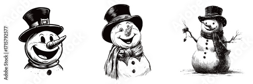 Three snowmen stand happily, each wearing hats and scarves. They showcase unique features, smiles, and playful poses, embodying winter joy.