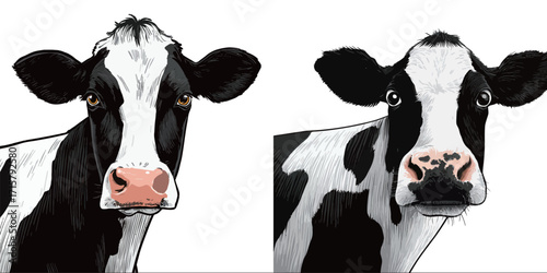 Two illustrations display a cow with black and white markings. Each illustration captures unique features and expressions of the animal, emphasizing its notable beauty.