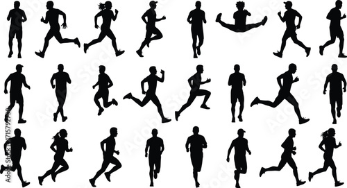 Running silhouettes in athletic poses, black vector figures in motion, human movement reference for sports training, animation, and biomechanics
