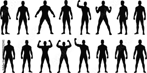 Muscular male figure silhouettes in fitness poses, black vector bodybuilder shapes, anatomy reference, gym design elements for creatives