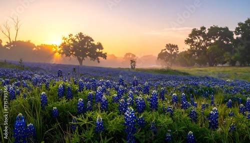 A vast field of vibrant blue wildflowers blankets the landscape at sunrise, bathed in soft golden light, creating a serene and picturesque scene.
