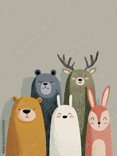 Several adorable forest animals stand closely together, showcasing their unique features and friendly faces. This charming scene highlights the joy of nature and friendship.