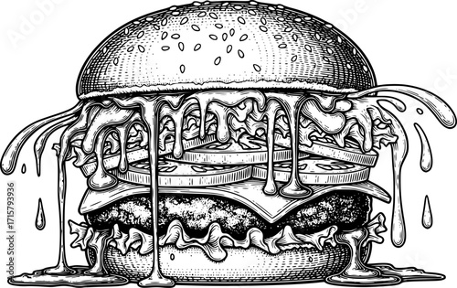 burger engraving black and white outline
