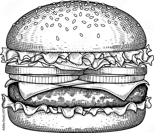 burger engraving black and white outline