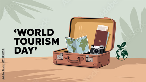 World Tourism Day Celebration with Travel Suitcase and Eco-Friendly Travel Essentials