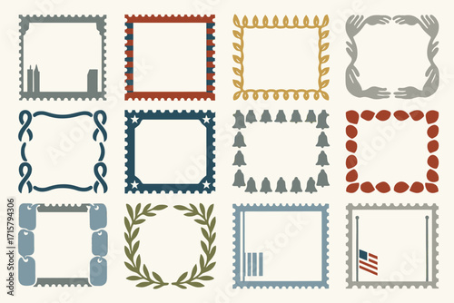 Memorial and Patriotic Stamp Frames Collection with Symbolic Icons and Borders