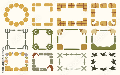 Farm-Themed Frame Designs with Hay Bales, Tools, Sheep, and Birds