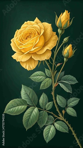 Detailed Yellow Rose with Green Leaves and Buds on Dark Green Background