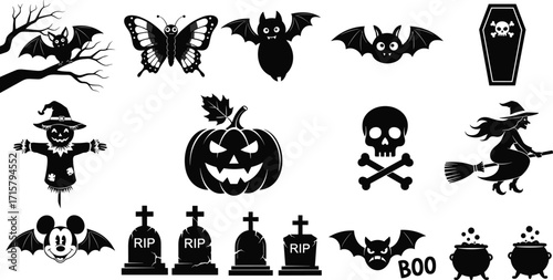 Halloween Black and White Icons Set – Bats, Pumpkin, Witch, Skull, Grave, Scarecrow, Cauldron, Mickey, Butterfly