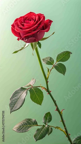 Single Red Rose with Green Stem and Leaves on Green Background