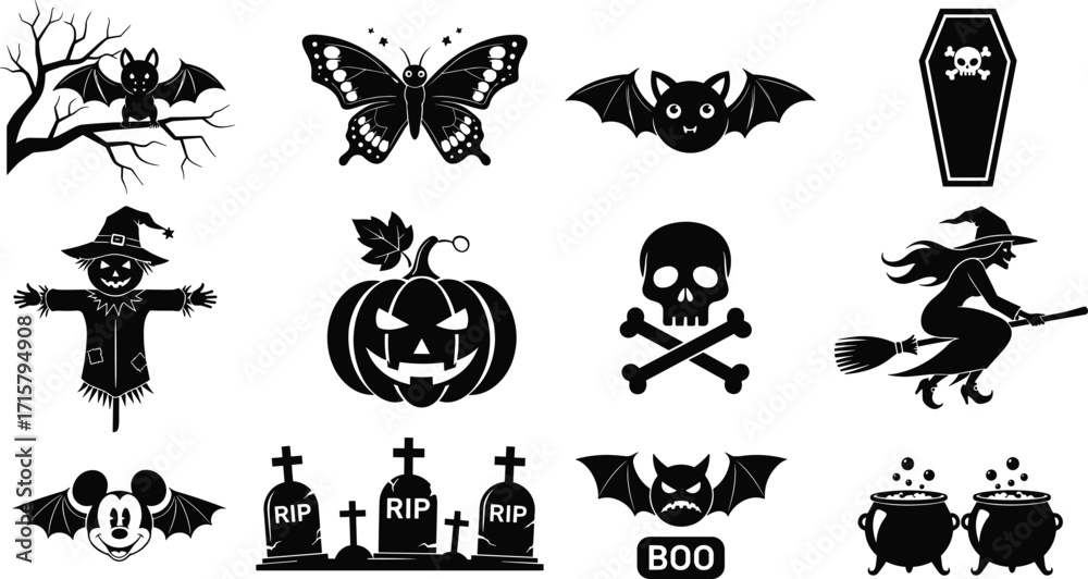 Naklejka premium Cad drawing flat vector illustration, Halloween silhouette design, spooky witch pumpkin skull bat graveyard artwork, holiday decoration scary ghost style