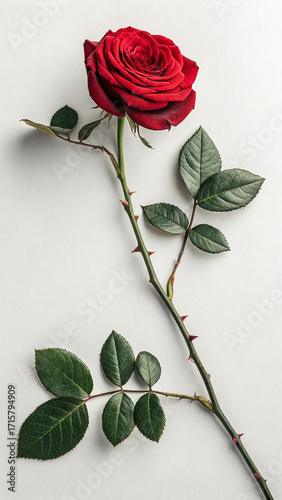 Red Rose with Green Leaves and Thorny Stem on White Background