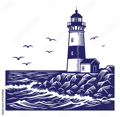 Nautical illustration of lighthouse on rocky shoreline with waves and flying seagulls