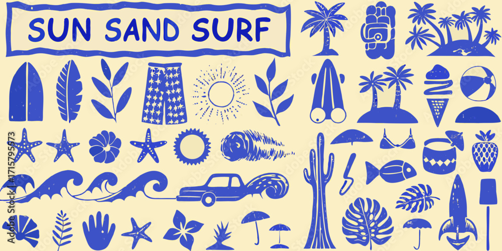 Fototapeta premium Collection of blue summer beach and tropical vacation icons and symbols on a cream background