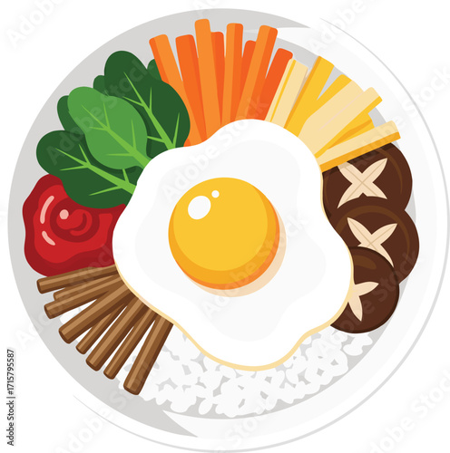 Bibimbap Rice Bowl with Vegetables, Mushrooms, and Egg
