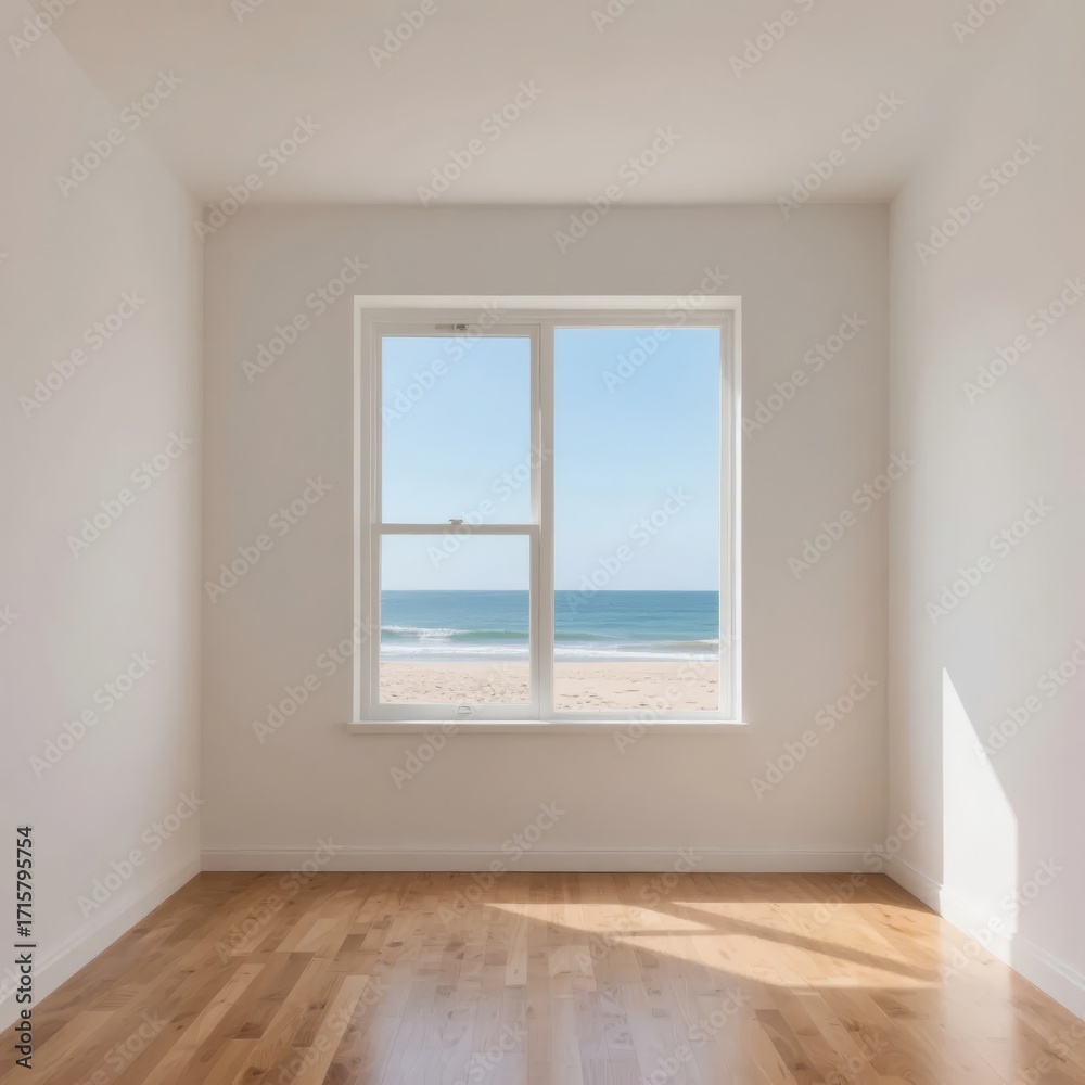Fototapeta premium Empty room with wooden floor and window overlooking the ocean